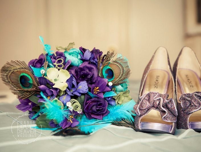 Peacock Bridal Bouquet boutonniere Purple, Royal Blue, Turquoise, Lime, original by AmoreBride Destination Wedding Accessories feather bokay