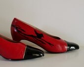 Perfect Pair - VINTAGE pair of RED PUMPS with hand painted birds in trees