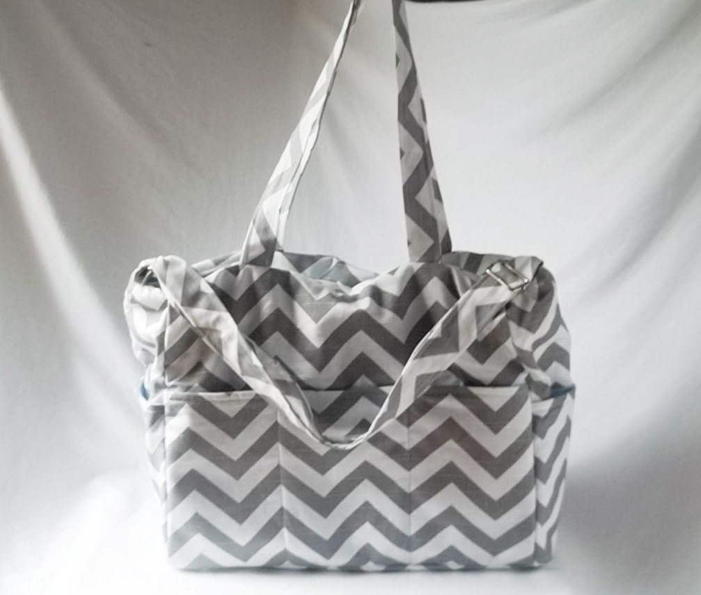 Chevron diaper bag with zippered closure  - Grey zig zag large weekender -Made to Order