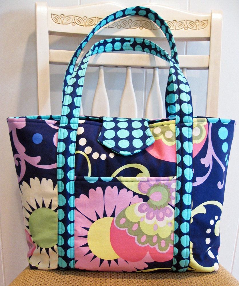 Large Handmade Fabric Tote Bag in Navy, Greens, Pinks and Aqua, Floral and Polka Dot Design