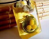 Yellow Birdnest Green Wire Clay Eggs Bird Tree Twig Moss Lichen Shiny Resin Nature Pendant Boho Necklace Bohemian Jewelry Metallic Forest