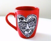 Red Ceramic Mug Day of the Dead Calavera Wedding Sugar Skull Love Heart Black and White Hand Painted Dia de los muertos - MADE TO ORDER