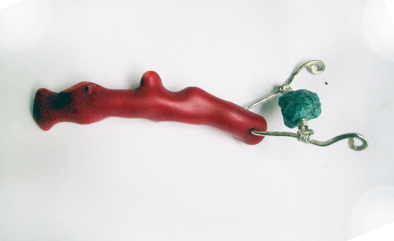 Red Bamboo Coral Branch, Sterling Silver, and Rough Turquoise Art Pendant
