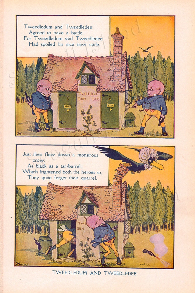 Tweedledum and Tweedledee - Alice in Wonderland Poem - Vintage 1920s Children's Book Plate
