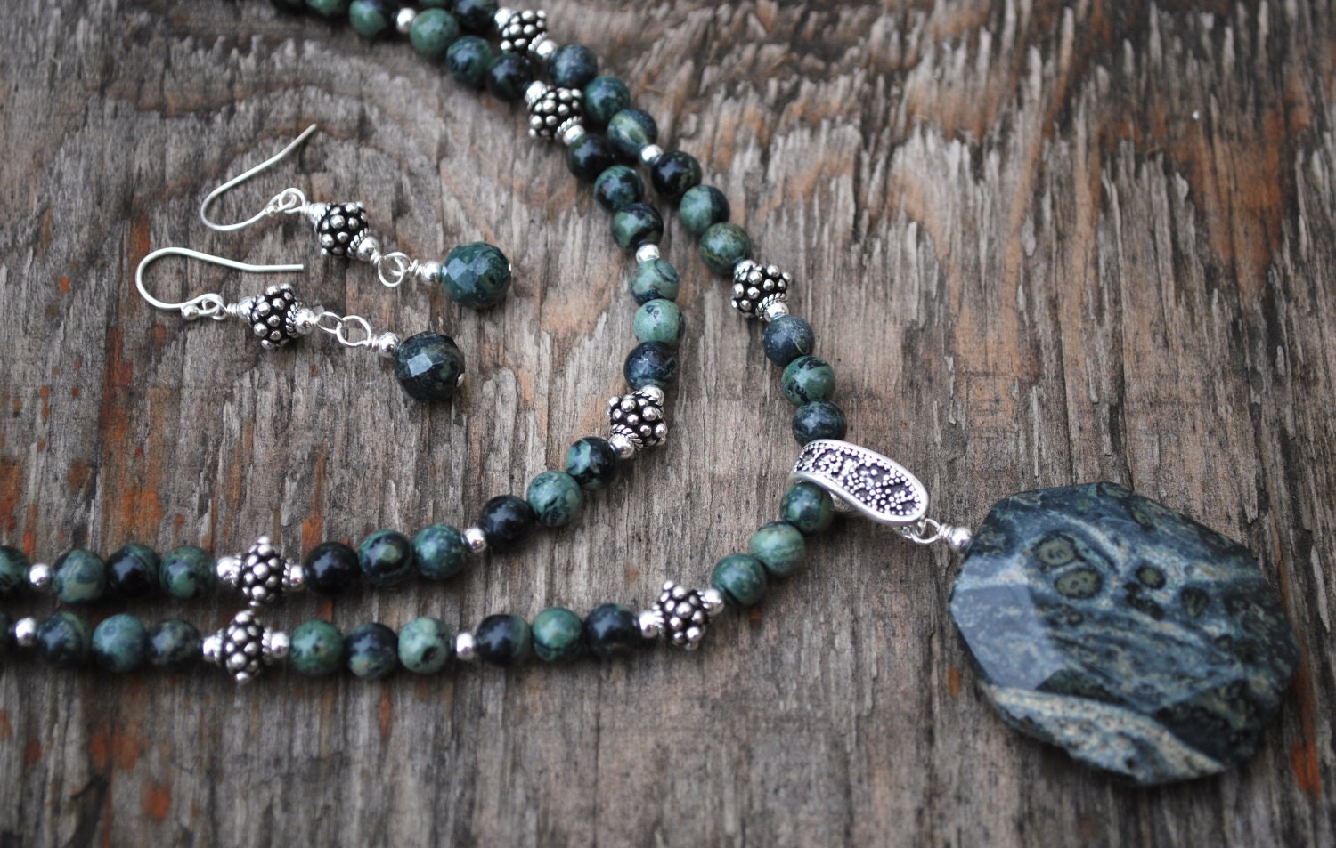 Kambaba Jasper and Sterling Silver Double Strand Necklace with Pendant - Matching Dangle Earrings Set