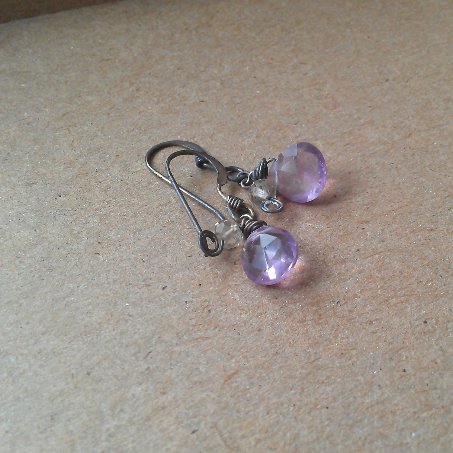 OXIDIZED divine. february birthstone. sweet amethyst drops earrings w smokey quartz.