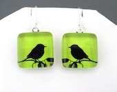 Bird Silhouette on Green Handmade Glass Tile Earrings