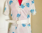 MadLex MAKEOVER SALE. 1960s White Smock Shirt. Vintage 60s Blue Flower Power Blouse.