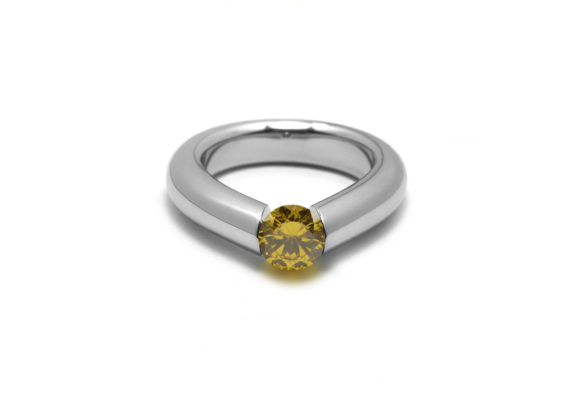 Tension Set Yellow Topaz Handmade Engagement Ring Steel