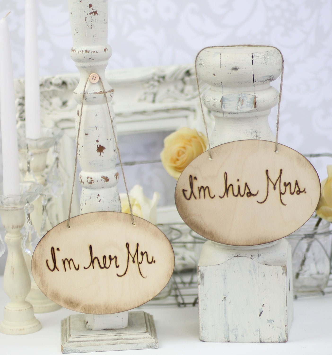 Bride and Groom Chair Signs Rustic Engraved Wood I'm His Mrs. and I'm Her Mr. (item E20010)
