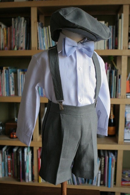 Full outfit of Shorts Bowtie Hat Suspenders and Shirt ring bearer page boy