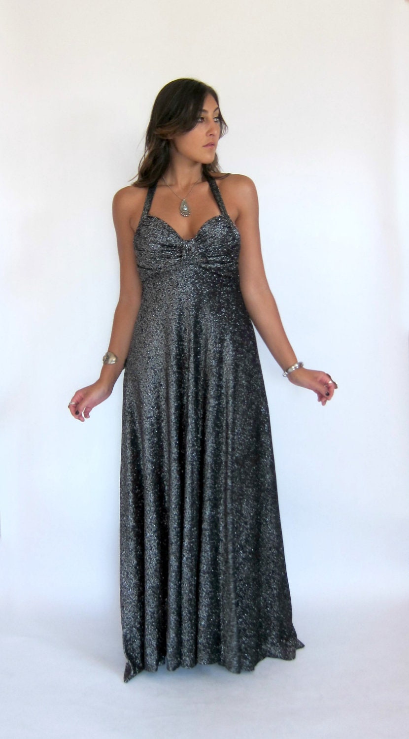 Vintage 70s Silver Lurex Glam Maxi Party Dress
