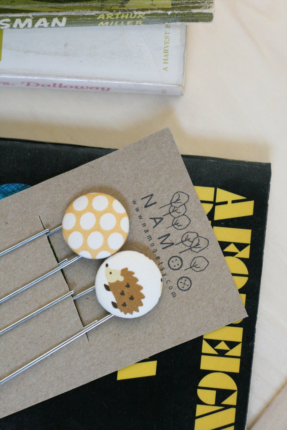 Fabric Buttons Bookmarks Set - hedgehog and polka dots