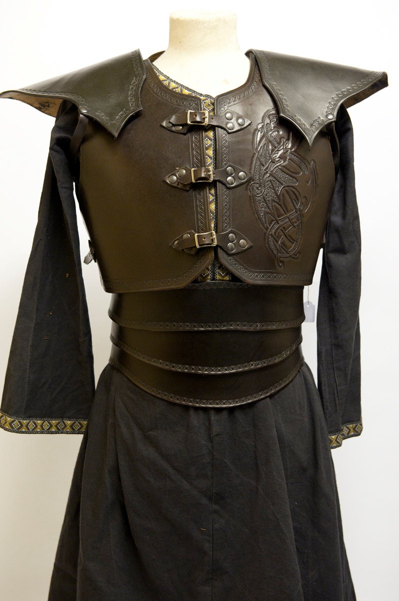 Cordovan brown leather armour with celtic dragon embossing