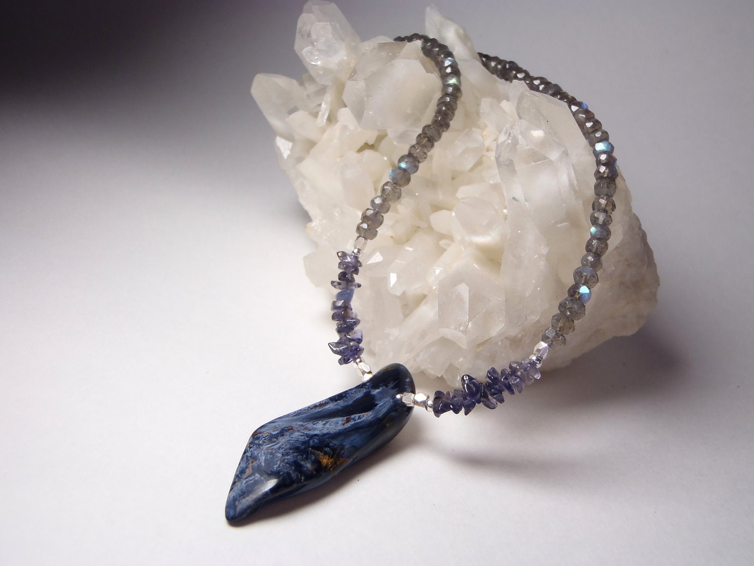 Velvety Pietersite Necklace with Iolite and Micro-Faceted Labradorite Beads. Crystal Healing Jewellery )0(