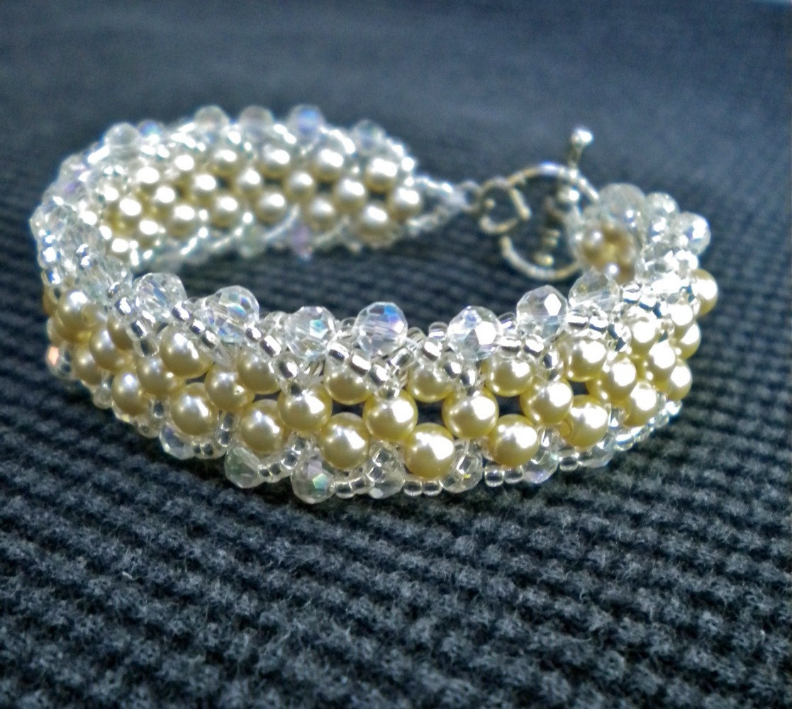 Bracelet Cream Pearls Crystals Beadweaving 7 1/2 in.