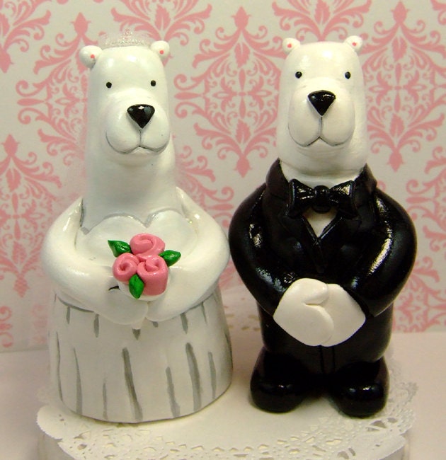 Wedding Cake Topper Polar Bears - READY TO SHIP - Bride and Groom White Teddy Bears