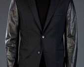 Men's Black jacket with Genuine leather sleeves/ Men jacket / soft leather . by Wendel Johnston