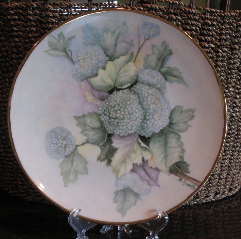 Vintage Lenox China Plate, hand-painted after market, blue hydrangea