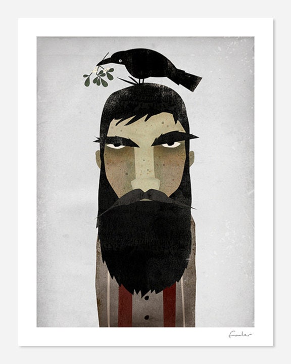 Lumberjack, Crow, and Mistletoe GRAPHIC ART Giclee print 9x12 inches SIGNED