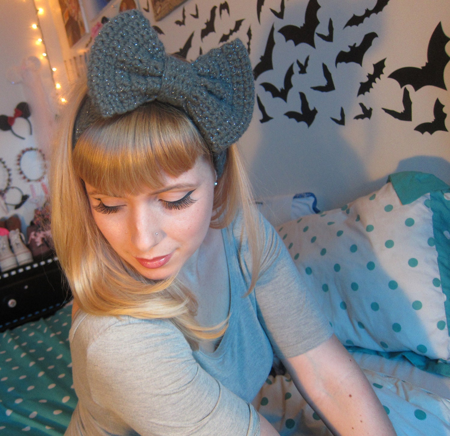 Grey Sparkle Crocheted Big Bow Ear Warmer Headband