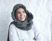 Free Shipping Gray Wool Hooded Cabled  Long Scarf  Cowl Mothers Day gift Under USD100