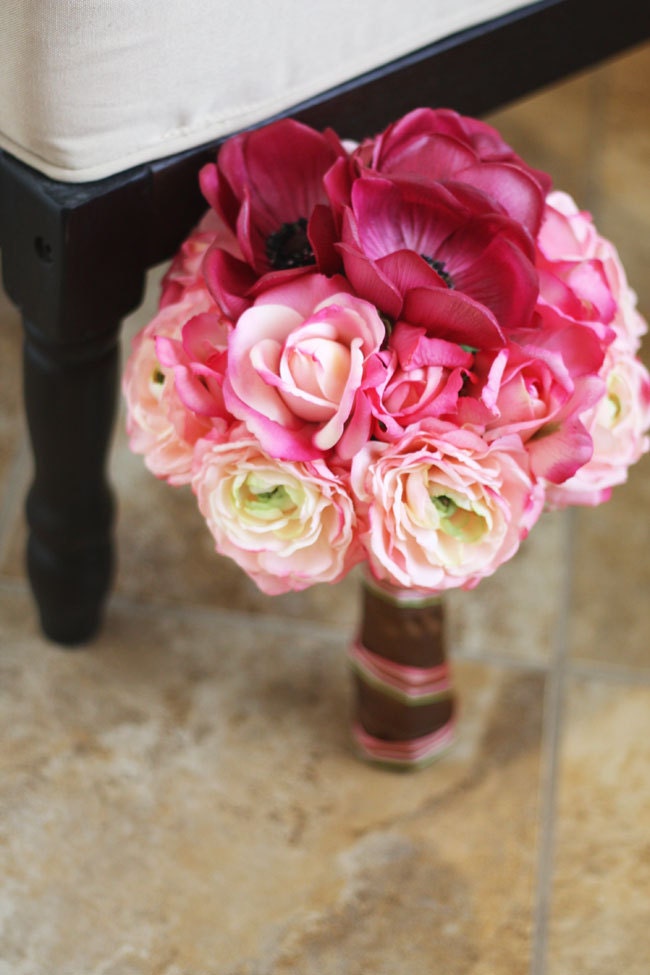 Pink and Chocolate Valentines Day Wedding Bouquet - Real Touch Roses and Anemones Bridal Bouquet