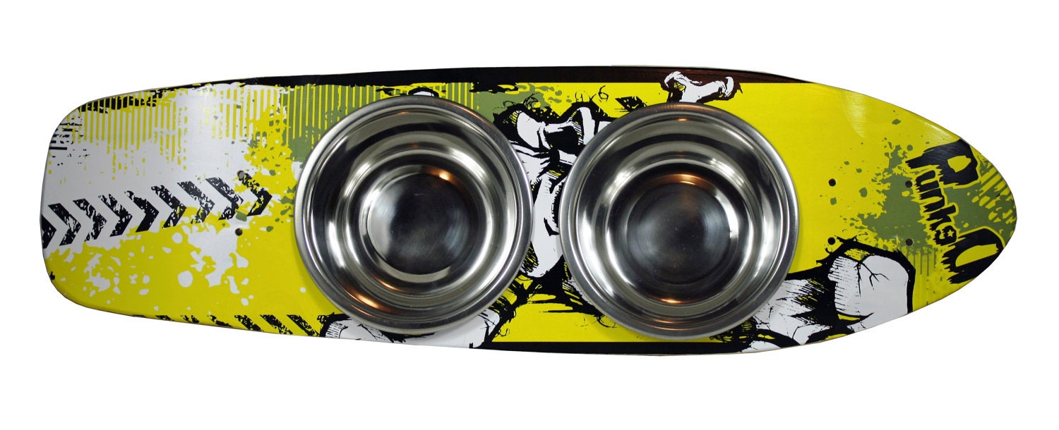 Raised DOG FEEDER made out of a Skateboard Deck - Yellow Skull