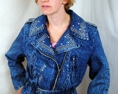 WOW 80s Rocker French Denim Rhinestone Bedazzled Studded Jacket
