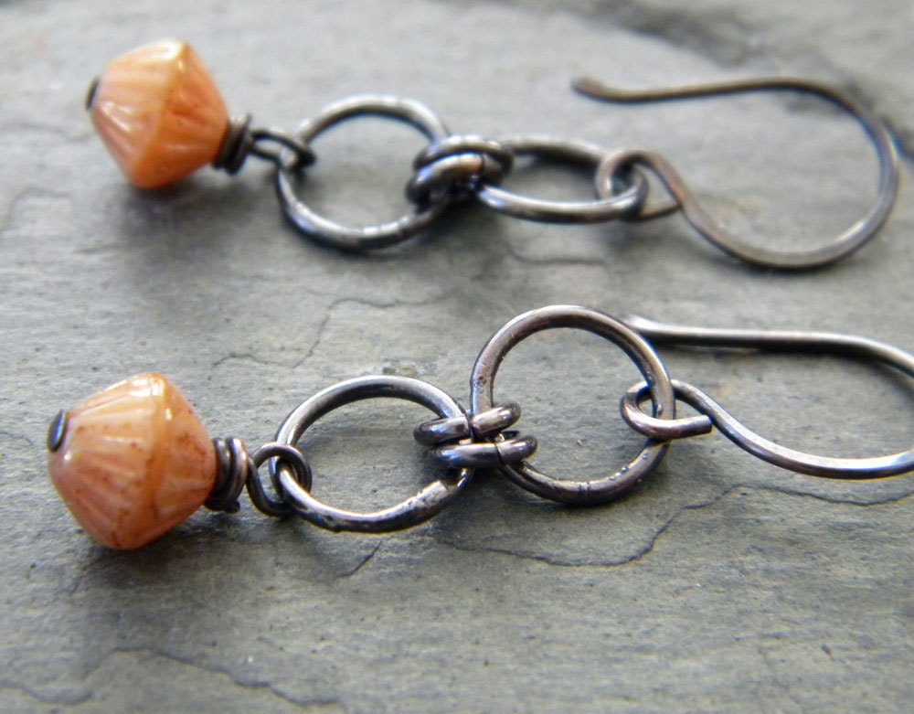 Peach Glass Copper Earrings Circle Links Dark Oxidized Metal Czech Bicone Artisan Jewelry