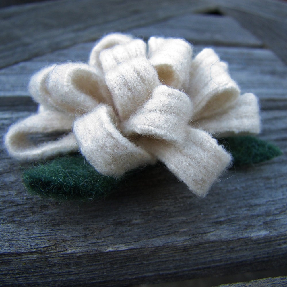 White Wool Flower Pin, Felted Sweater Brooch