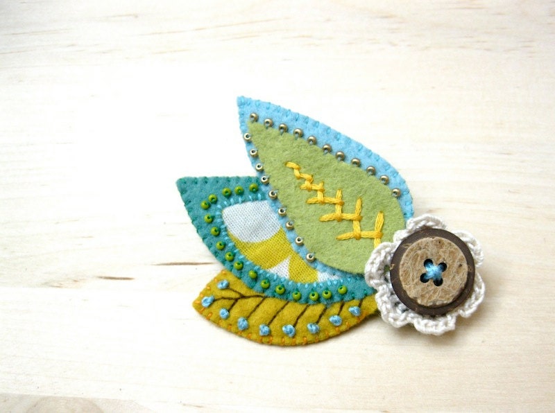 Woodland Brooch - Embroidered Felt Pin with Crochet Button and Felt Leaves