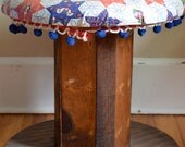 Vintage Wooden Footstool with Patchwork Design. Spool Stool.