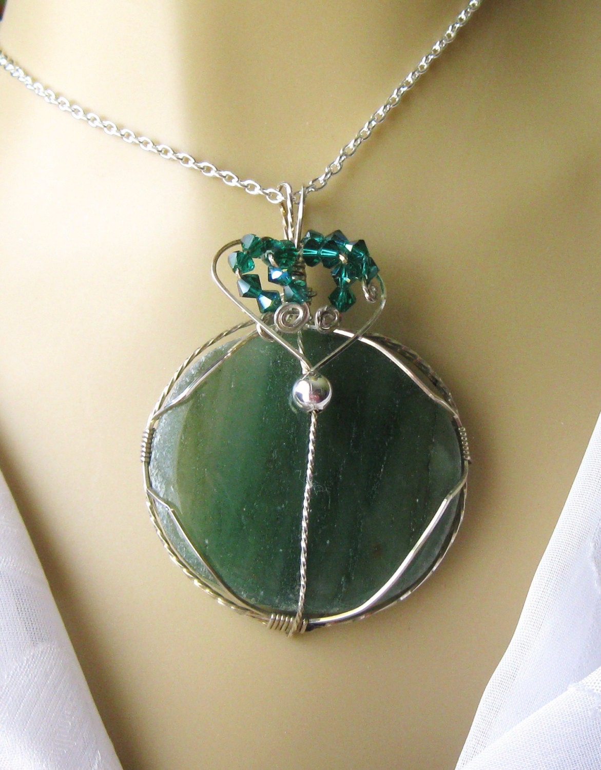 Necklace Pendant Beadwork Wire Wrapped Handmade Sterling Silver Aventurine Swarovski Crystals