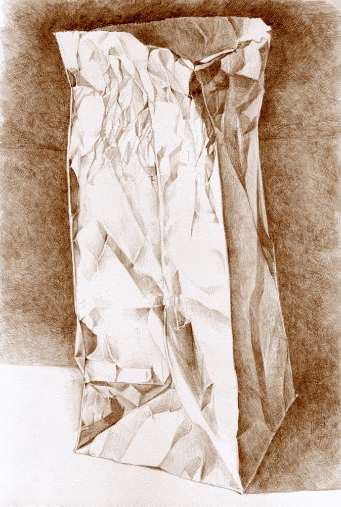 ART DRAWING, "Paper Bag" sepia pencil drawing, kitchen art. Free shipping.