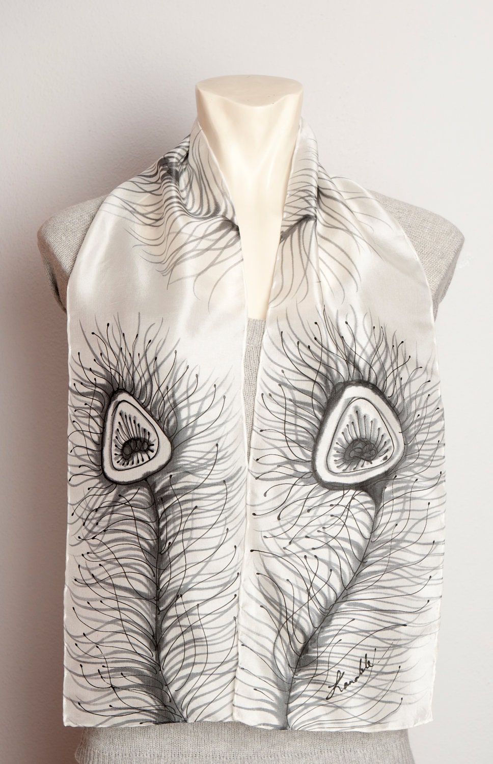 READY TO SHIP Hand Painted Silk Scarf  Peacock Feathers White and Black  Fashion Present Luck Love