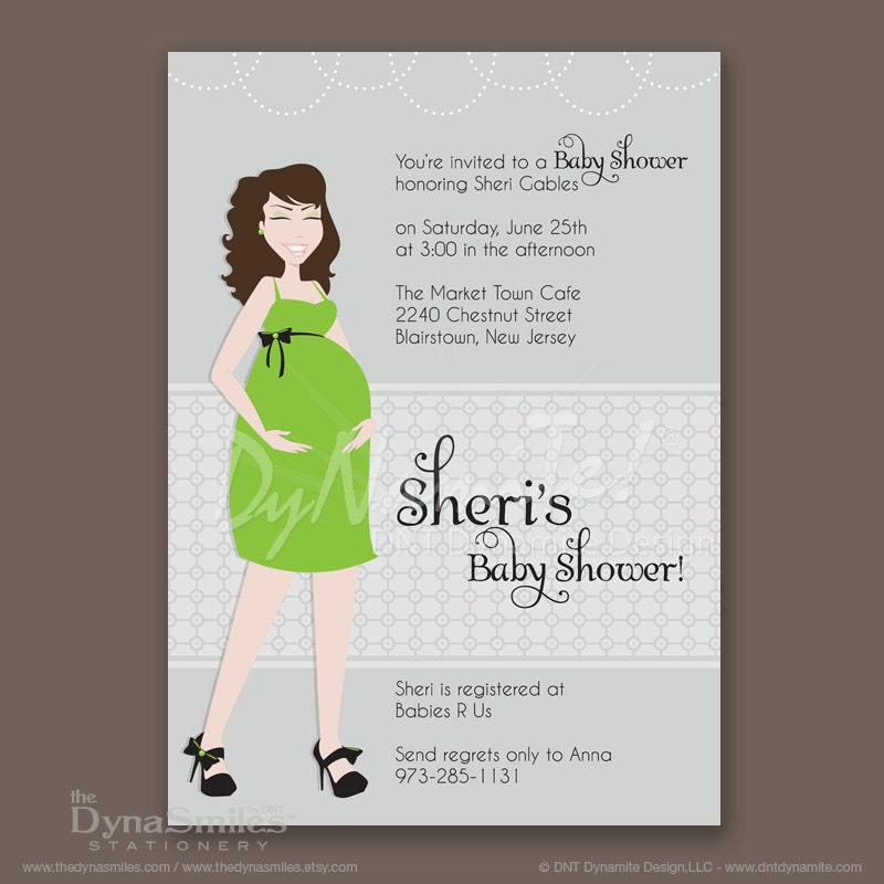 Pregnant Diva - Baby Shower Invitation - Long Wavy Hair Style
