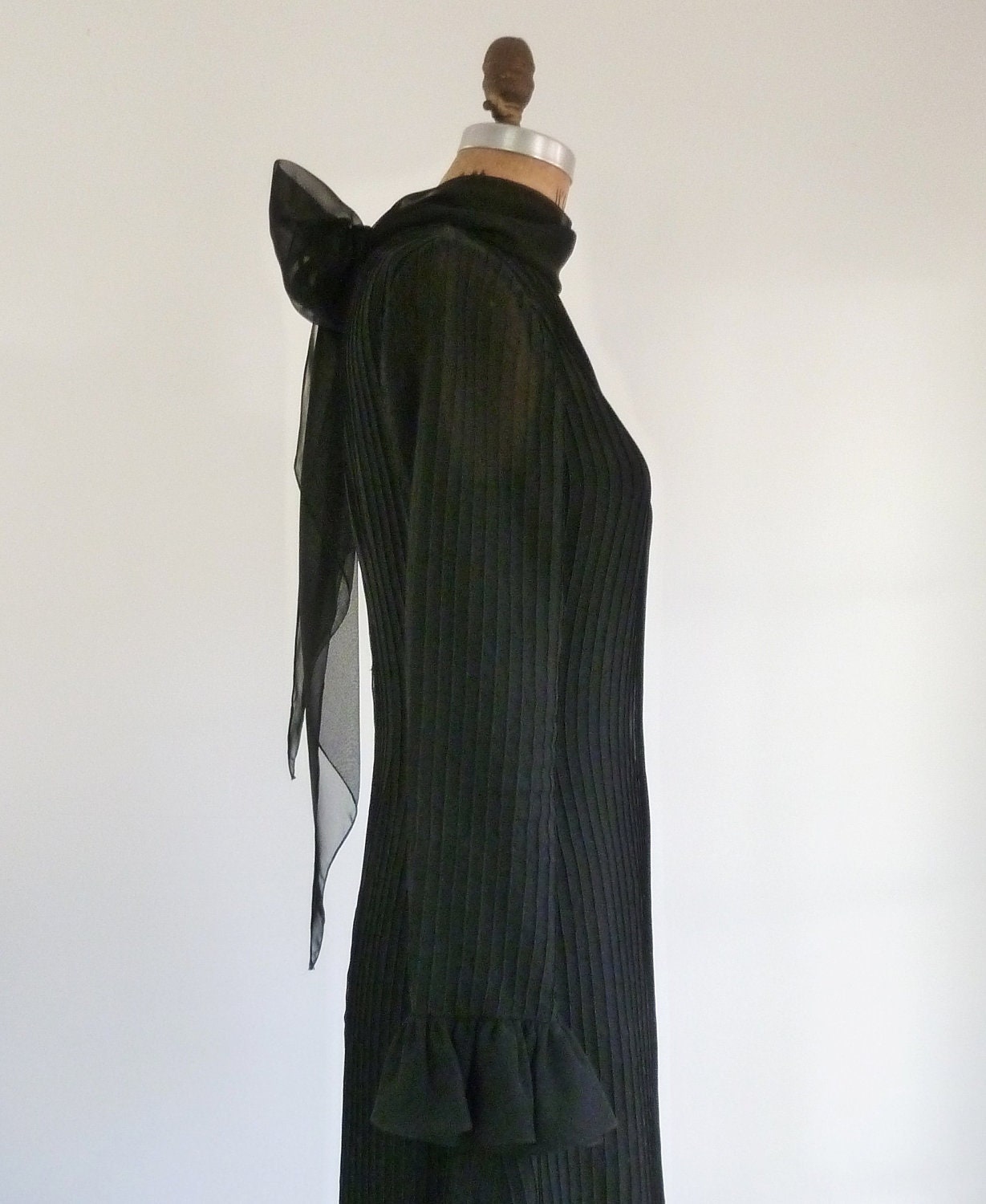 Vintage 1960s Black Cocktail Dress Semi Sheer Chiffon Ruffle Ascot Bow Tie Scarf M