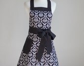 Ready To Ship Women's Full Apron in Black and White Damask Print Fabric - The FLIRTY GIRL