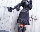 Dress - Steampunk - Gothic -  Sexy Black Dress - Victorian - Knee Length - Haute Couture Fashion - Ruffles - Black Faux Leather - Size Small