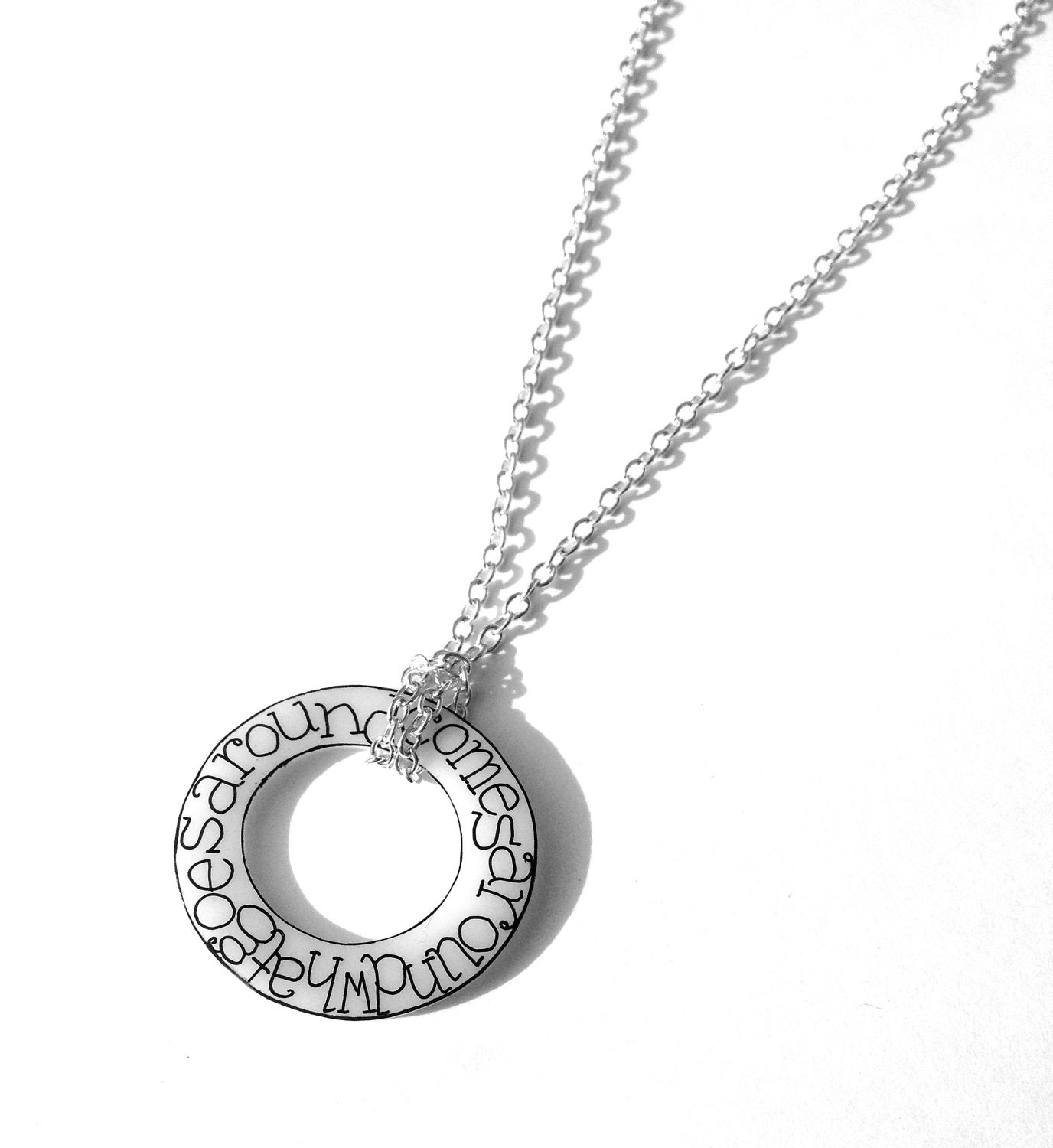 What Goes Around Comes Around necklace - Circle of Karma pendant - white circular disc with meaningful handwriting...