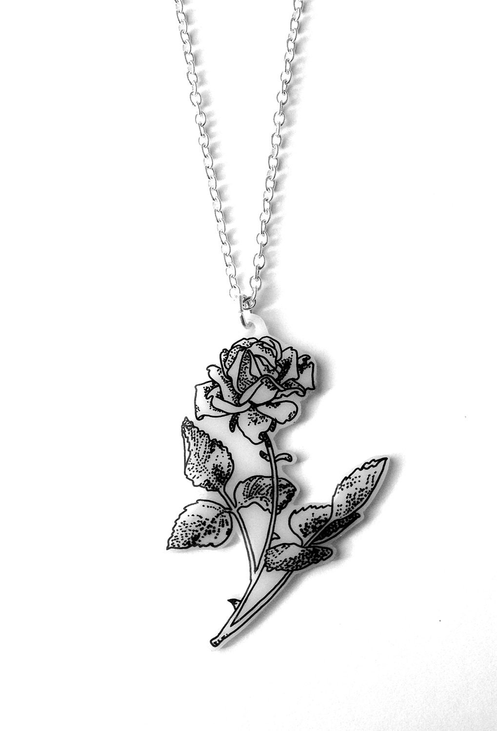 Vintage Rose necklace - Black and White, Hand Drawn Antique Rose Illustration Pendant