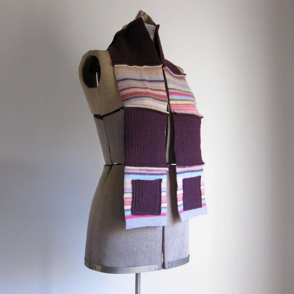 SALE - STRIPED SCARF - recycled scarf - sweater scarf - wool scarf - plum scarf