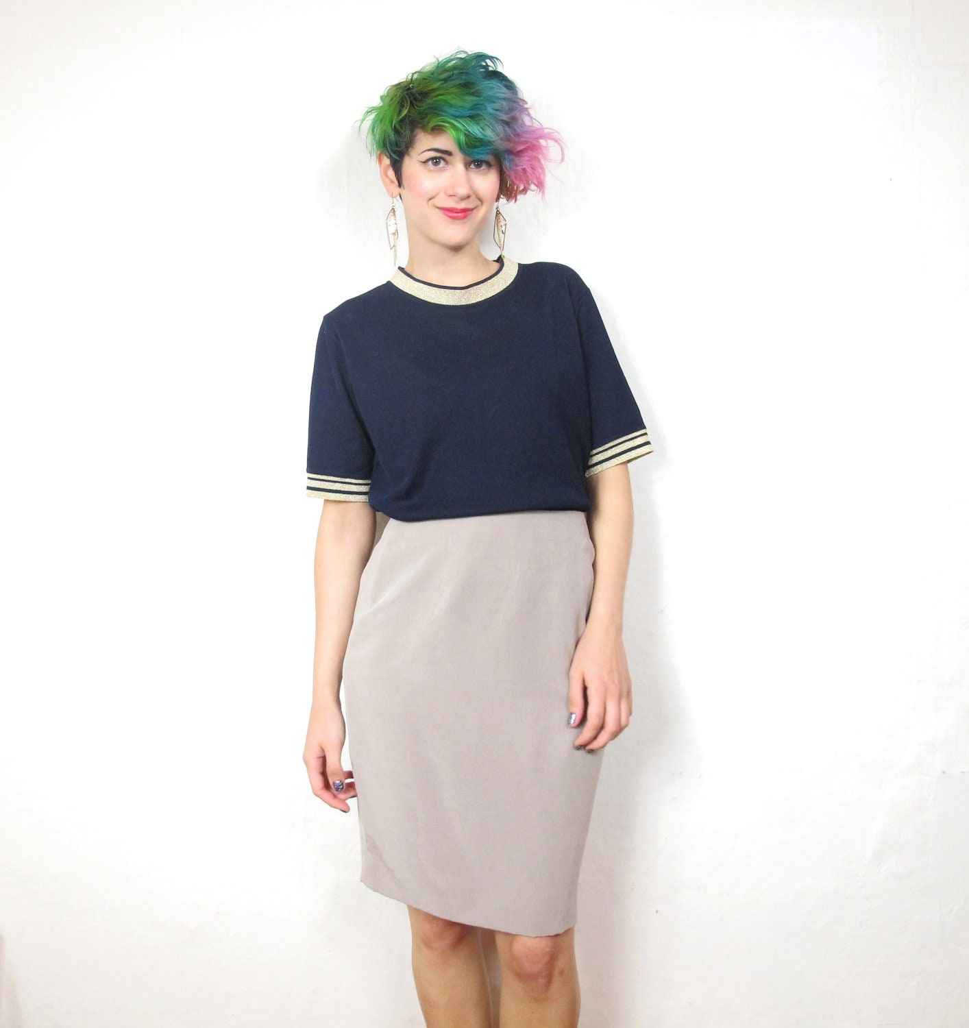 Nude Taupe High Waist Silk Pencil Skirt (XS/S)