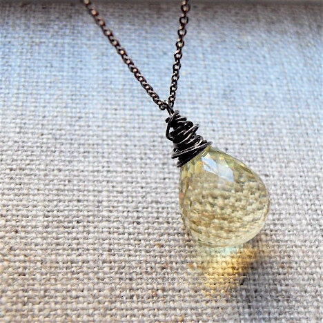 Large Lemon Quartz Teardrop Sterling Silver Oxidized Necklace