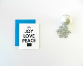 4 Christmas Cards, Holiday Greeting Cards, Joy Love Peace, Modern Christmas Tree Design, Black and White Typography, Teal, Set of 4
