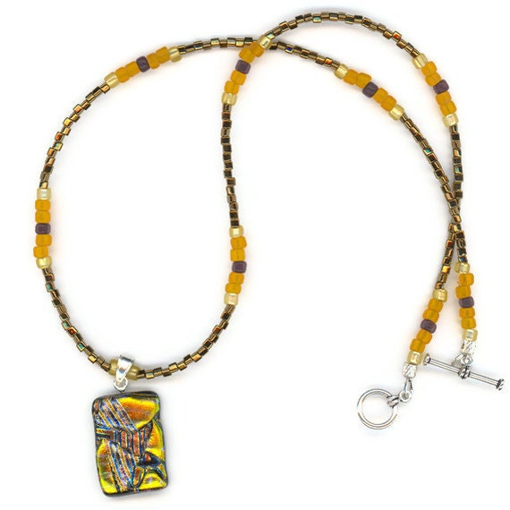 Necklace Gold Yellow Brown Abstract Dichroic Pendant