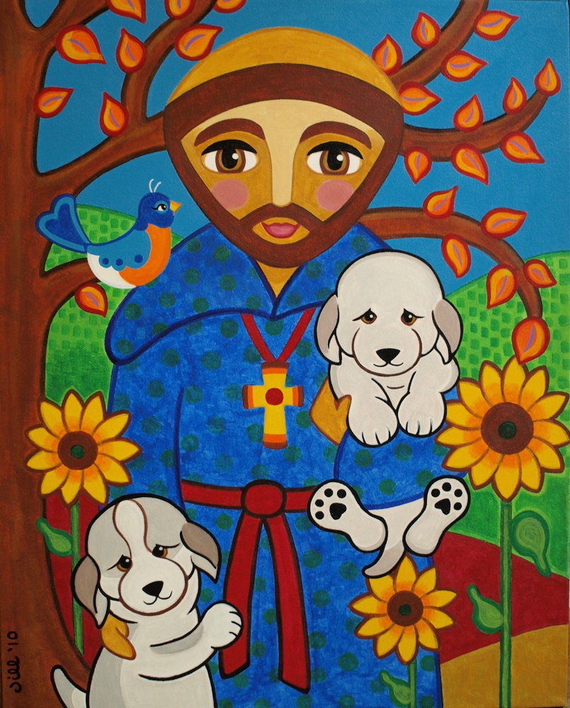 Autumn St. FRANCIS of Assisi with DOGS Puppies Art PRINT from Original Painting by Jill