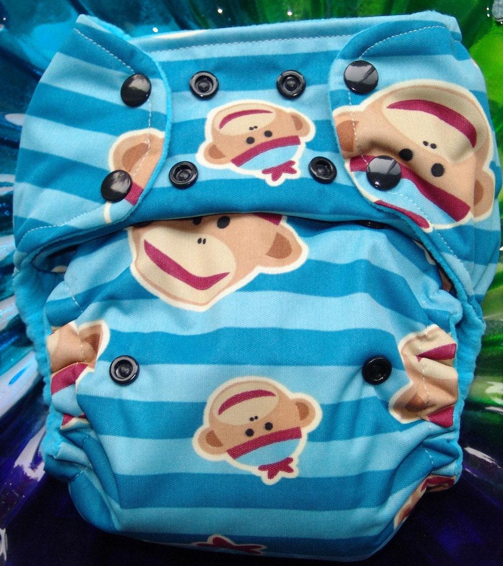 Sock Monkey Nykibaby One Size Pocket Diaper Made to order
