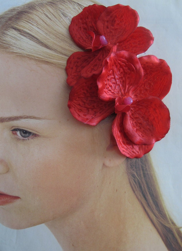 Hawaiian Red double Orchids hair flower Comb